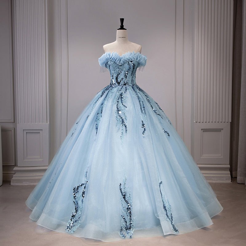 High-End Navy Blue Ball Gown Dress with Handmade Pearl Beading and Sequins