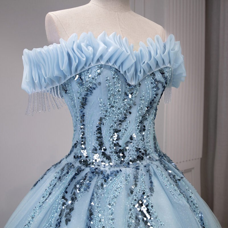 High-End Navy Blue Ball Gown Dress with Handmade Pearl Beading and Sequins