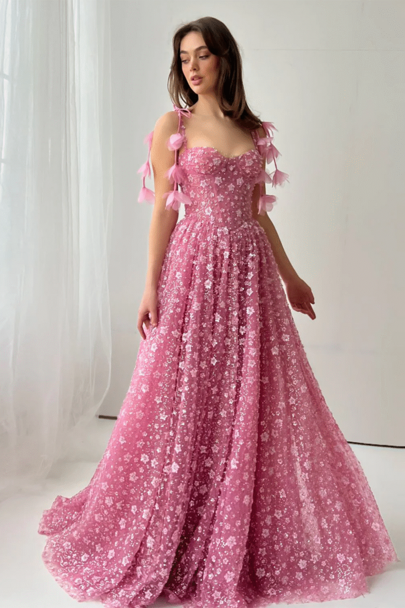Pink 3D Flower Spaghetti Strap Evening Gown