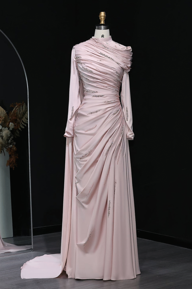 Pink Mermaid Evening Dress with Sparkling Beads and Ruffled Layers
