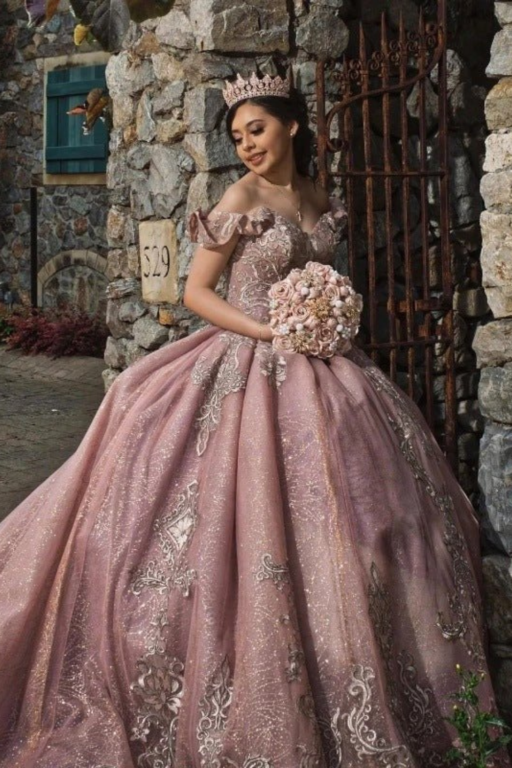 Sweet 16 Quinceanera Dress in Pink Tulle with Beaded Lace Off-Shoulder Ball Gown