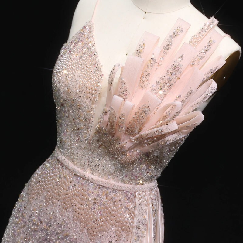 Champagne Beaded Mermaid Evening Dress with Flowing Overskirt