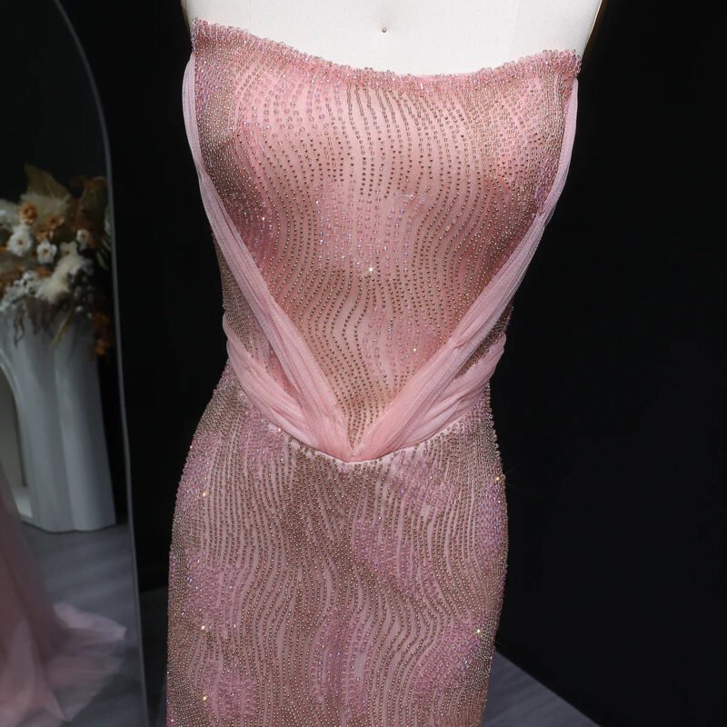 Luxury Pink Mermaid Evening Dress with Train & Beading