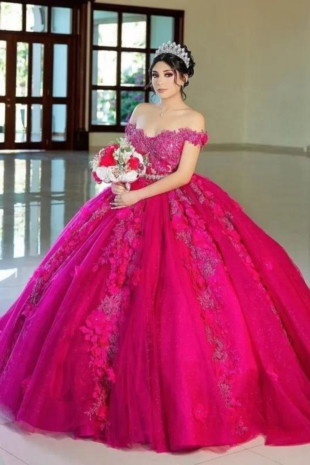 Pink 3D Floral Quinceanera Ball Gown – Off-the-Shoulder Tulle Applique Sweet 16 Dress