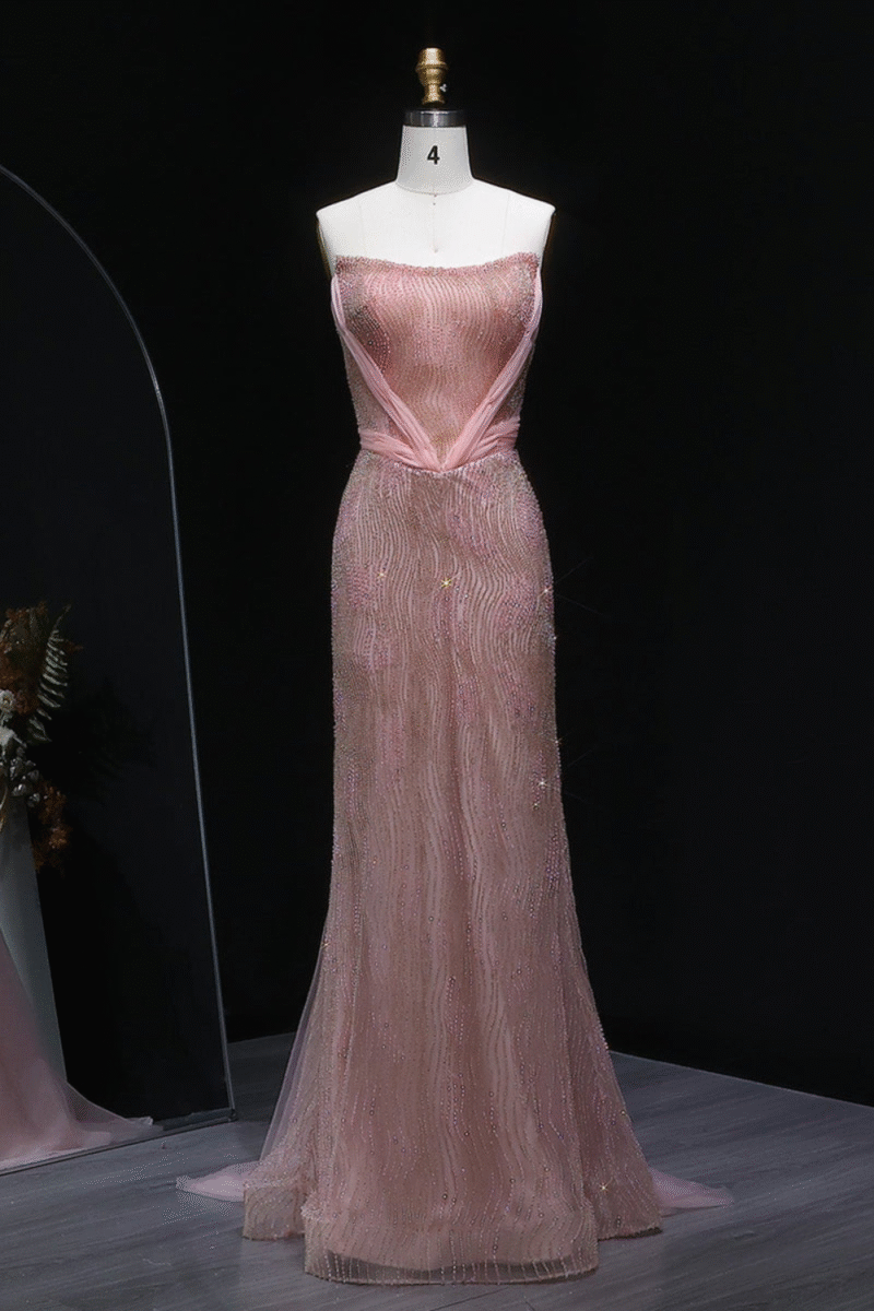 Luxury Pink Mermaid Evening Dress with Train & Beading