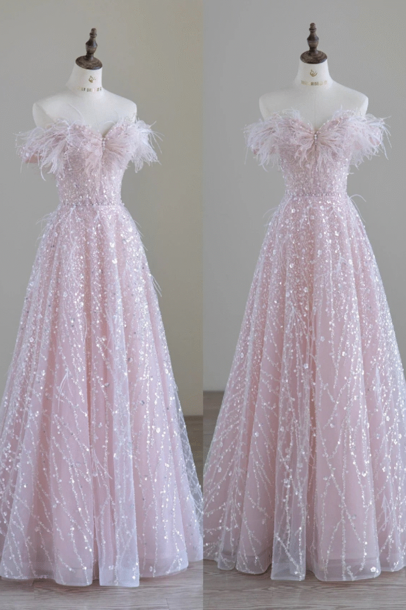 Luxury Off Shoulder Sequin Feather A-Line Gown with Faux Pearl Detailing