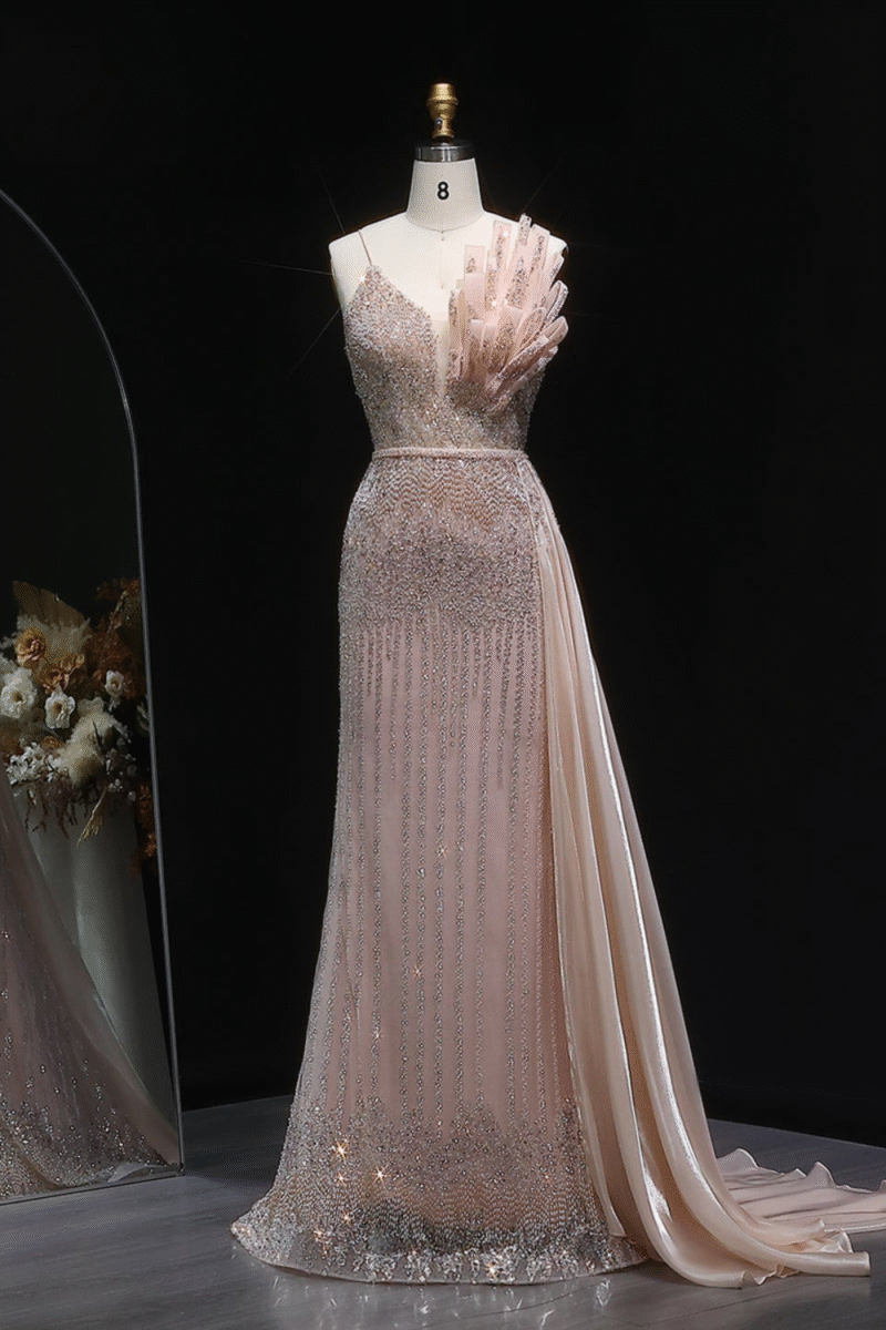 Pink Beaded Mermaid Evening Dress with Flowing Overskirt