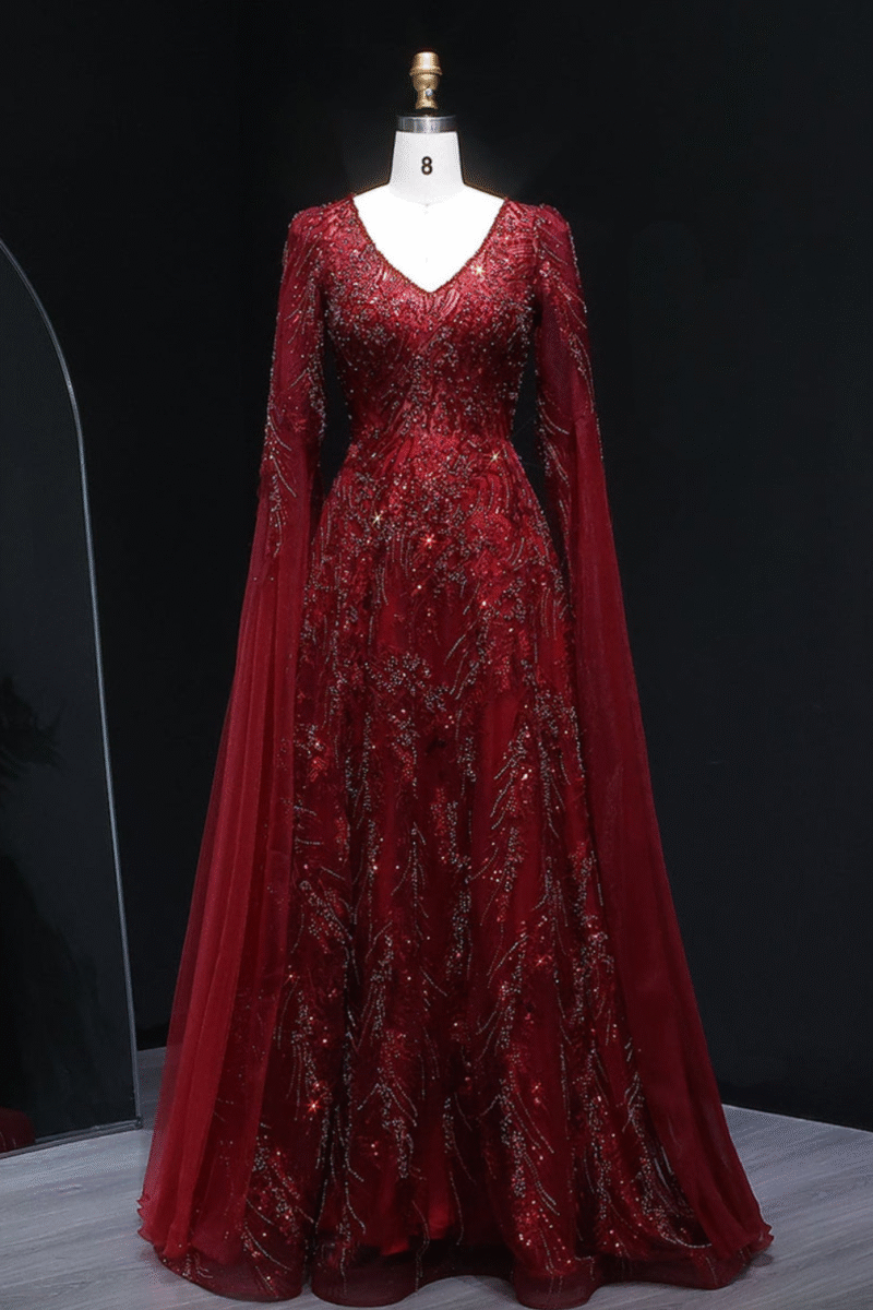 Luxury Red Beaded Evening Dress with Cape Sleeves