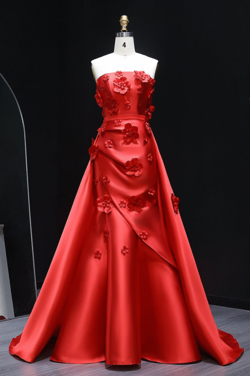 3D Flowers Evening Red Dress with Detachable Overskirt