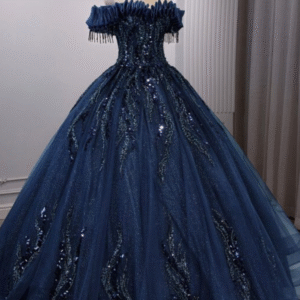 RoyalBlue-Zazzlehaven High-End Dark Blue Ball Gown Dress with Handmade Pearl Beading and Sequins