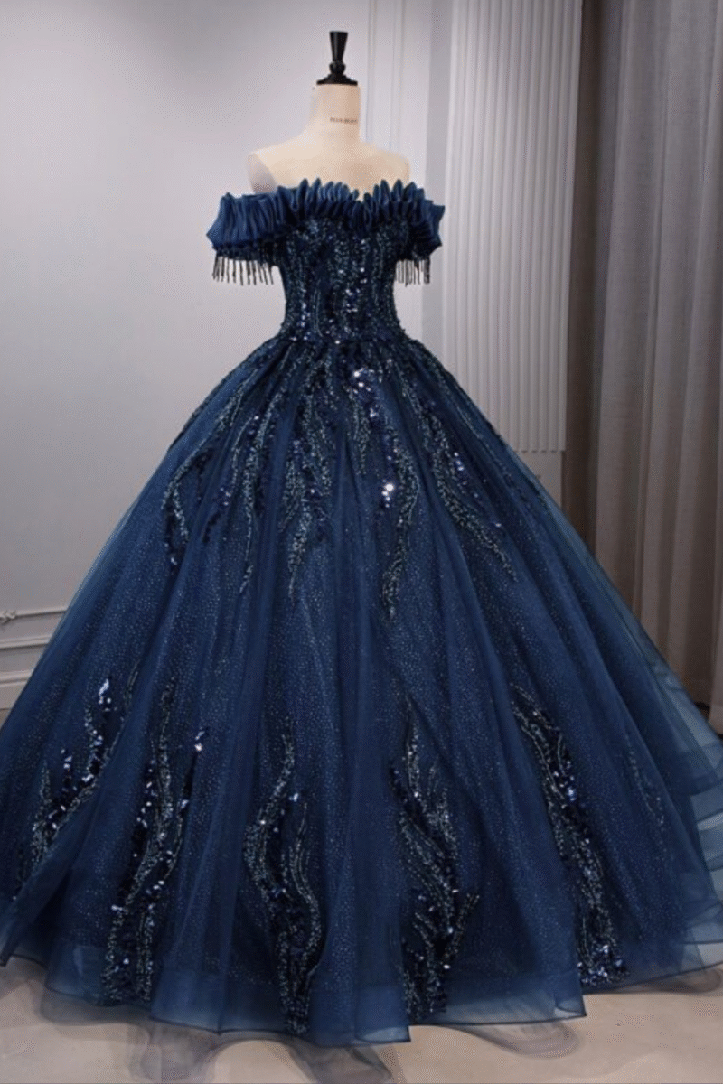 High-End Dark Blue Ball Gown Dress with Handmade Pearl Beading and Sequins