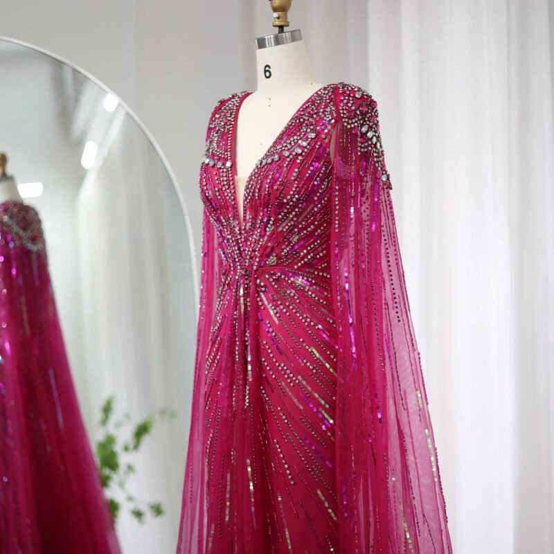Luxury A-Line Pink V-Neck Beaded Evening Gown with Sequins