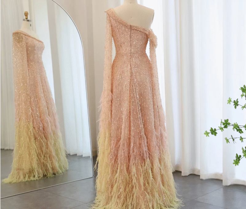 Luxury Sky Blue Feathered One-Shoulder Gown