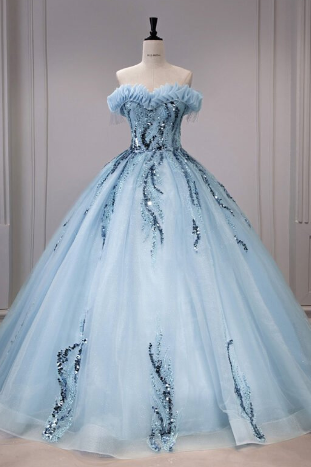 High-End Sky Blue Ball Gown Dress with Handmade Pearl Beading and Sequins