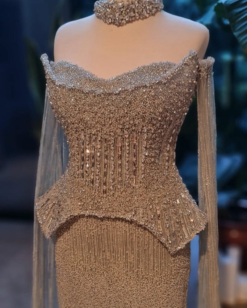 Luxury Grey Crystal Off-Shoulder Evening Dress with Cape Sleeves