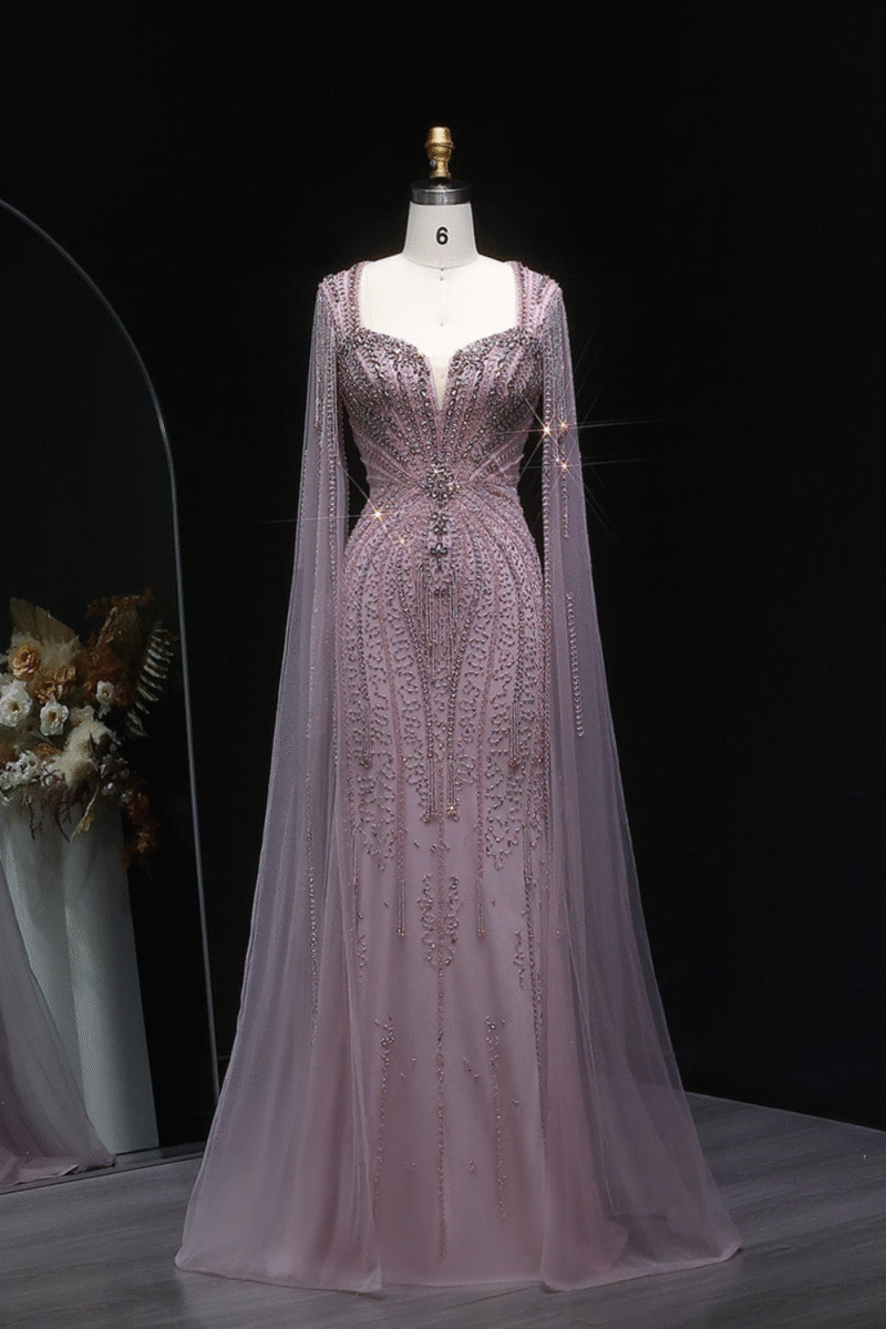 Luxury Heavy Beaded Pink Square Neck Evening Dress with Cape Sleeves