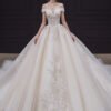 Ball Gown Off-The-Shoulder Floor-Length Pleated Wedding Dress with Lace Appliques