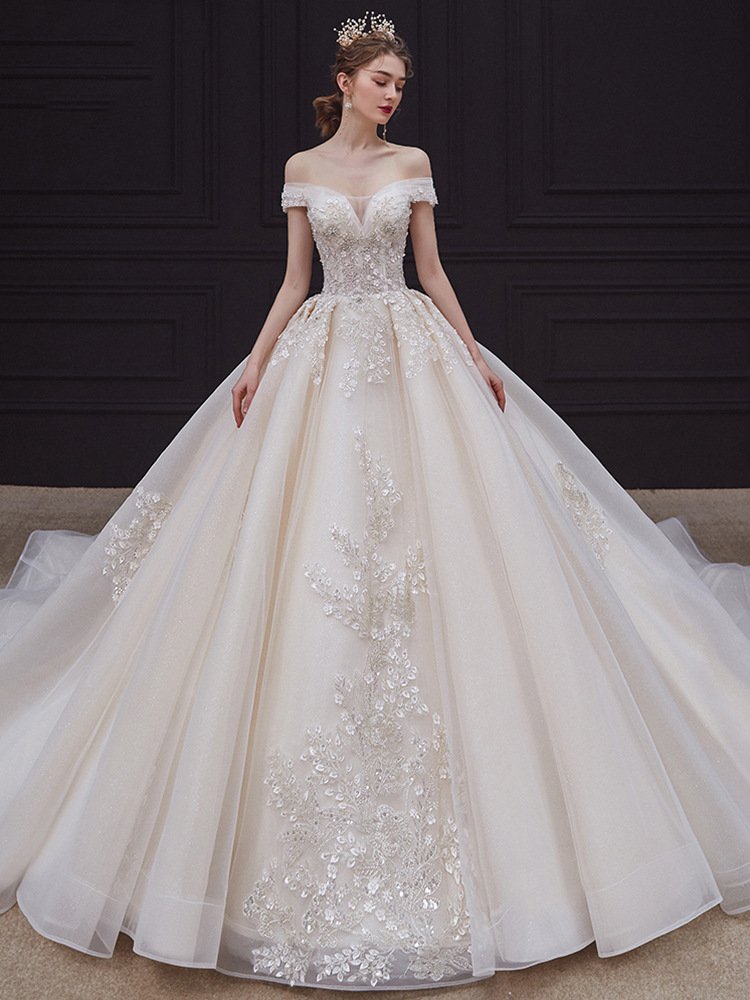 Ball Gown Off-The-Shoulder Floor-Length Pleated Wedding Dress with Lace Appliques
