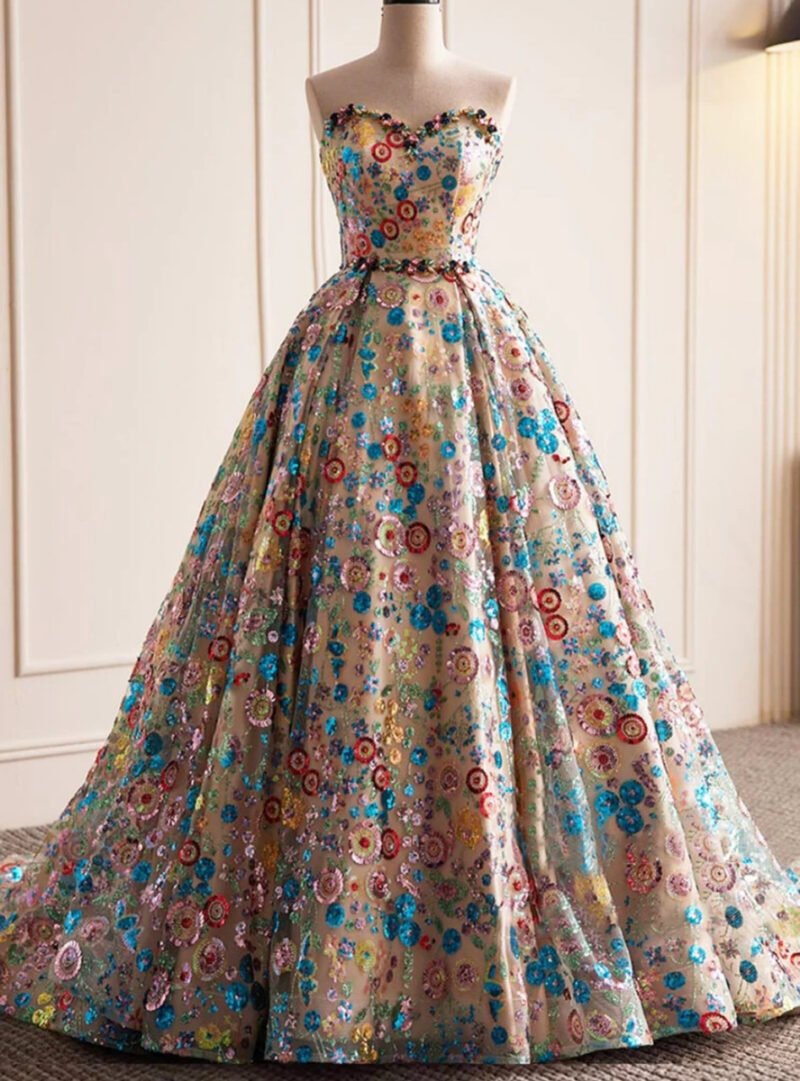 Multicolor Sequin Applique Strapless Floor-Length A-Line Evening Dress