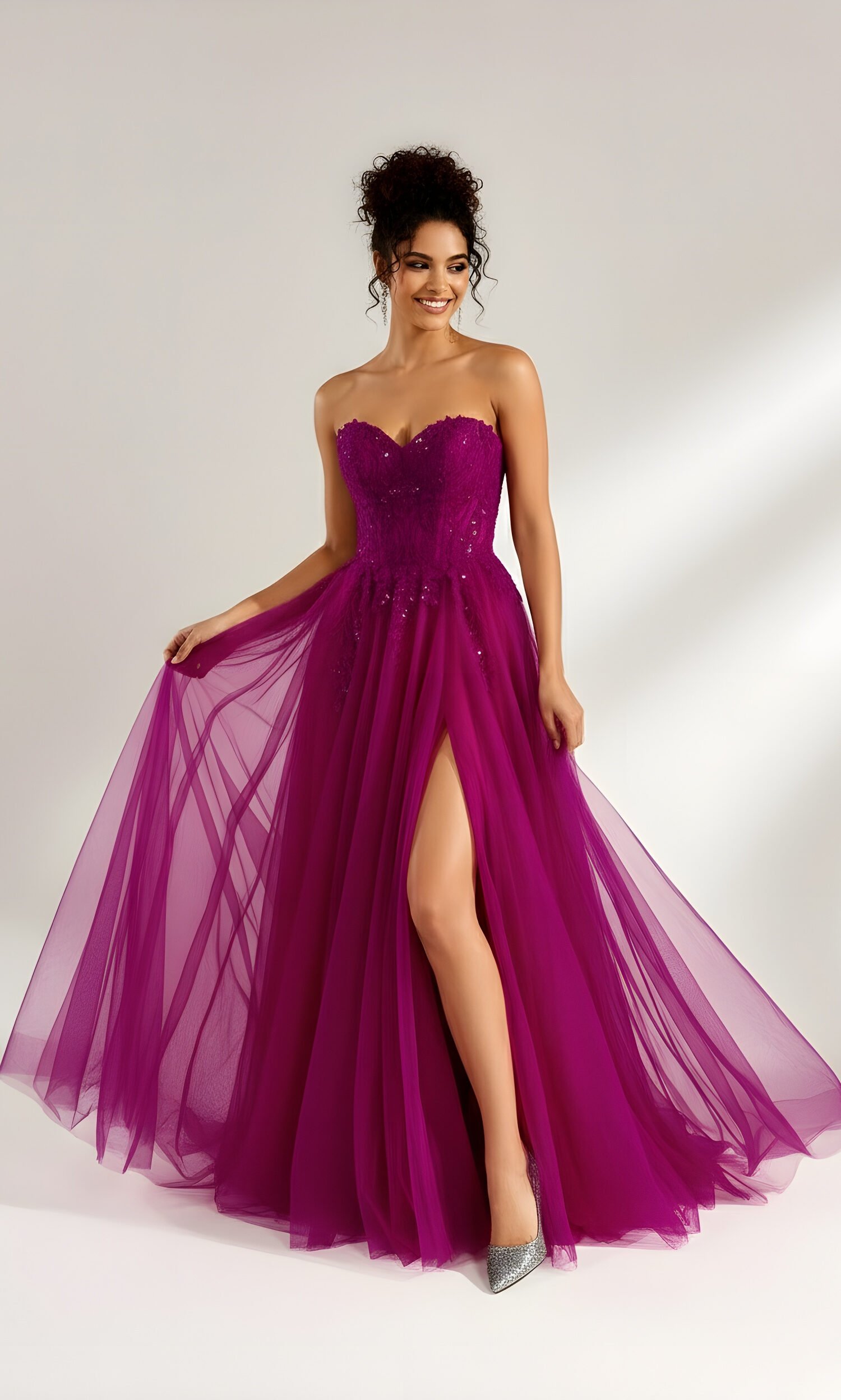 Hot Pink Strapless Tulle Prom Gown with Sequins