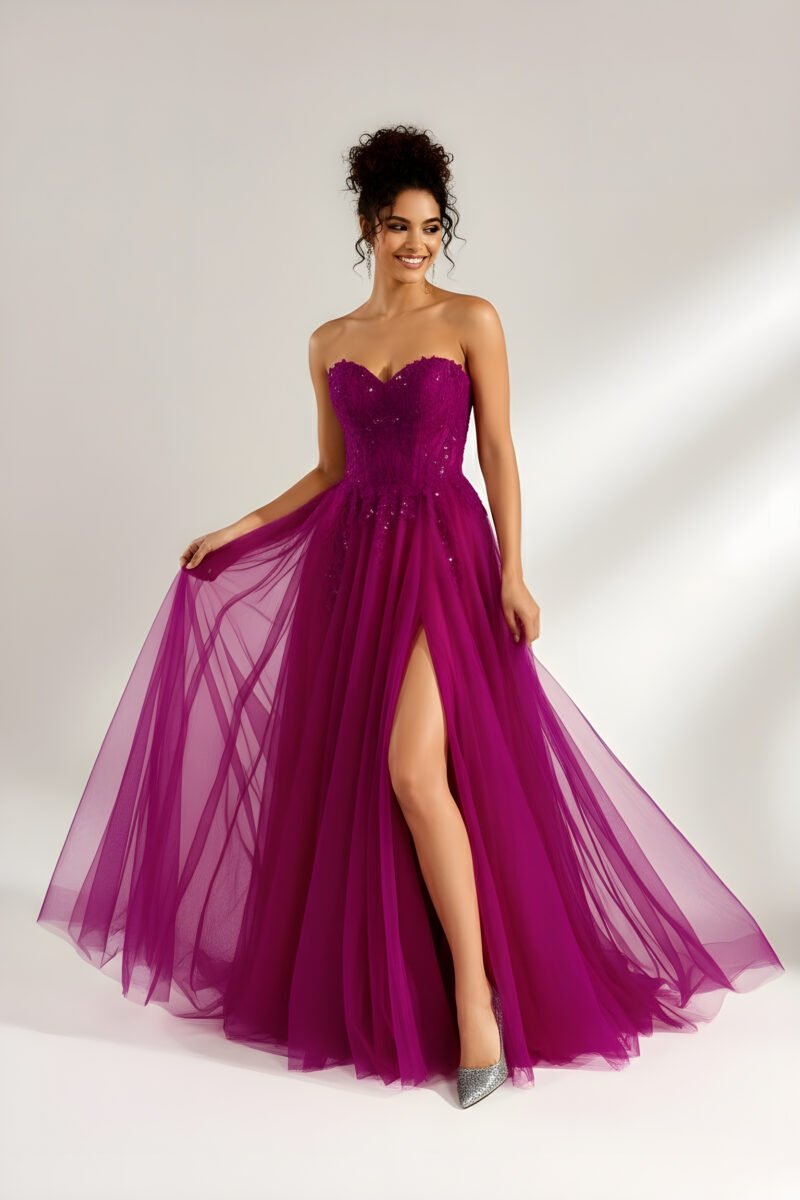 Hot Pink Strapless Tulle Prom Gown with Sequins