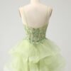 Green Tulle Short Prom Dress with Spaghetti Straps & Lace Applique