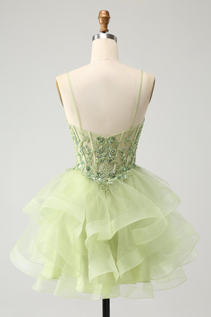 Green Tulle Short Prom Dress with Spaghetti Straps & Lace Applique