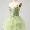 Green Tulle Short Prom Dress with Spaghetti Straps & Lace Applique