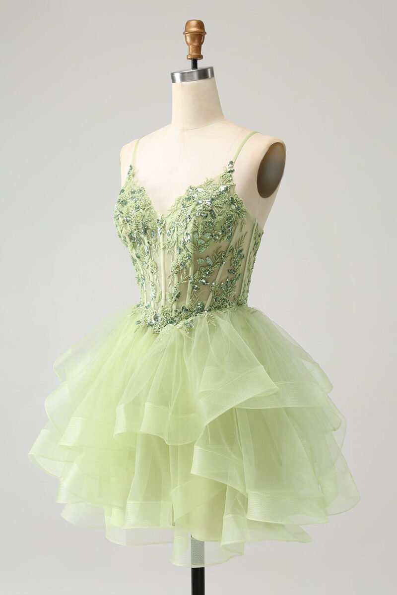 Green Tulle Short Prom Dress with Spaghetti Straps & Lace Applique