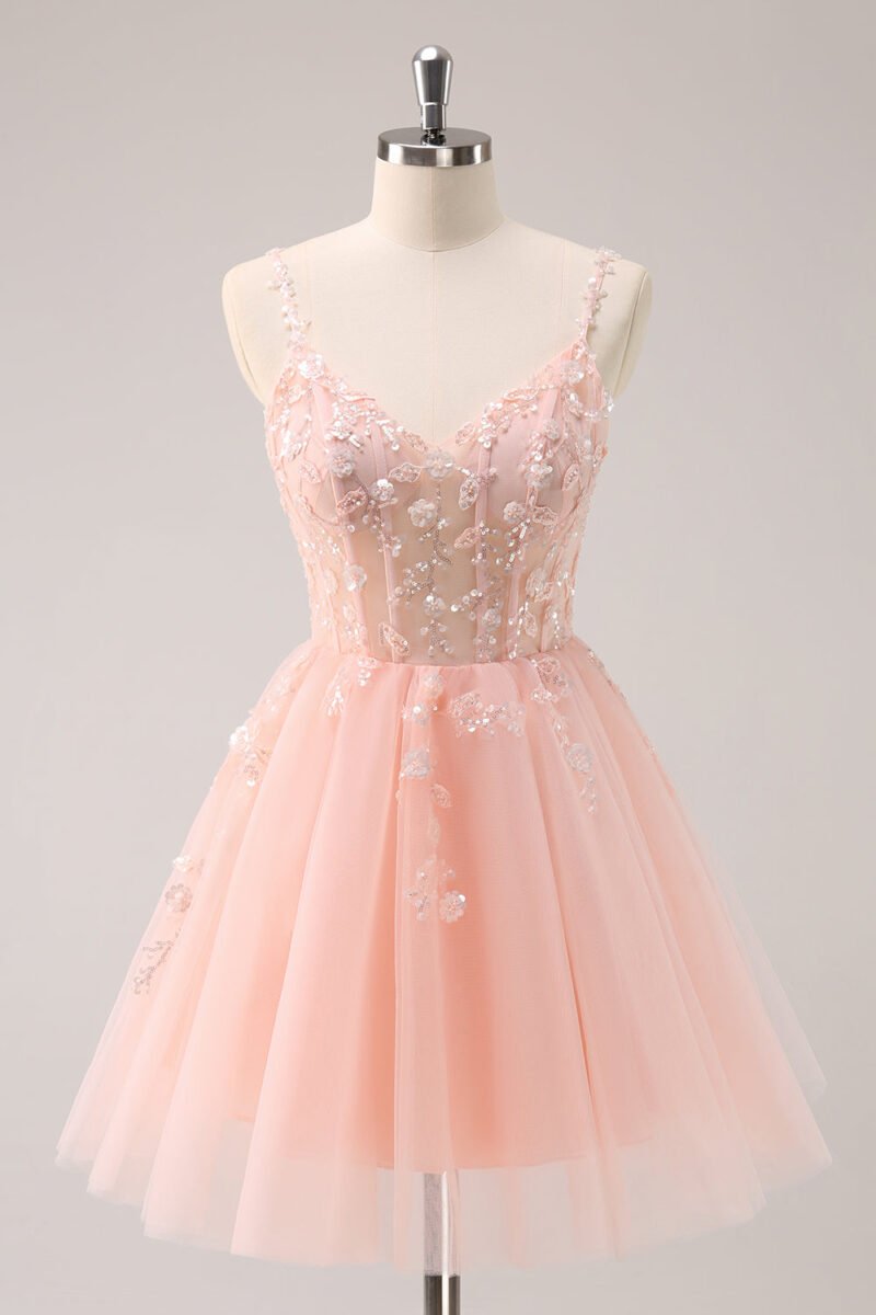 Pink Lace Applique Tulle Short Prom Dress – Sparkly Sequin Flower Party Dress