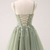 Green Lace Applique Tulle Short Prom Dress – Sparkly Sequin Flower Party Dress