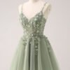 Green Lace Applique Tulle Short Prom Dress – Sparkly Sequin Flower Party Dress