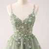 Green Lace Applique Tulle Short Prom Dress – Sparkly Sequin Flower Party Dress