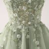 Green Lace Applique Tulle Short Prom Dress – Sparkly Sequin Flower Party Dress