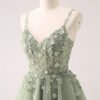 Green Lace Applique Tulle Short Prom Dress – Sparkly Sequin Flower Party Dress