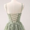 Green Lace Applique Tulle Short Prom Dress – Sparkly Sequin Flower Party Dress