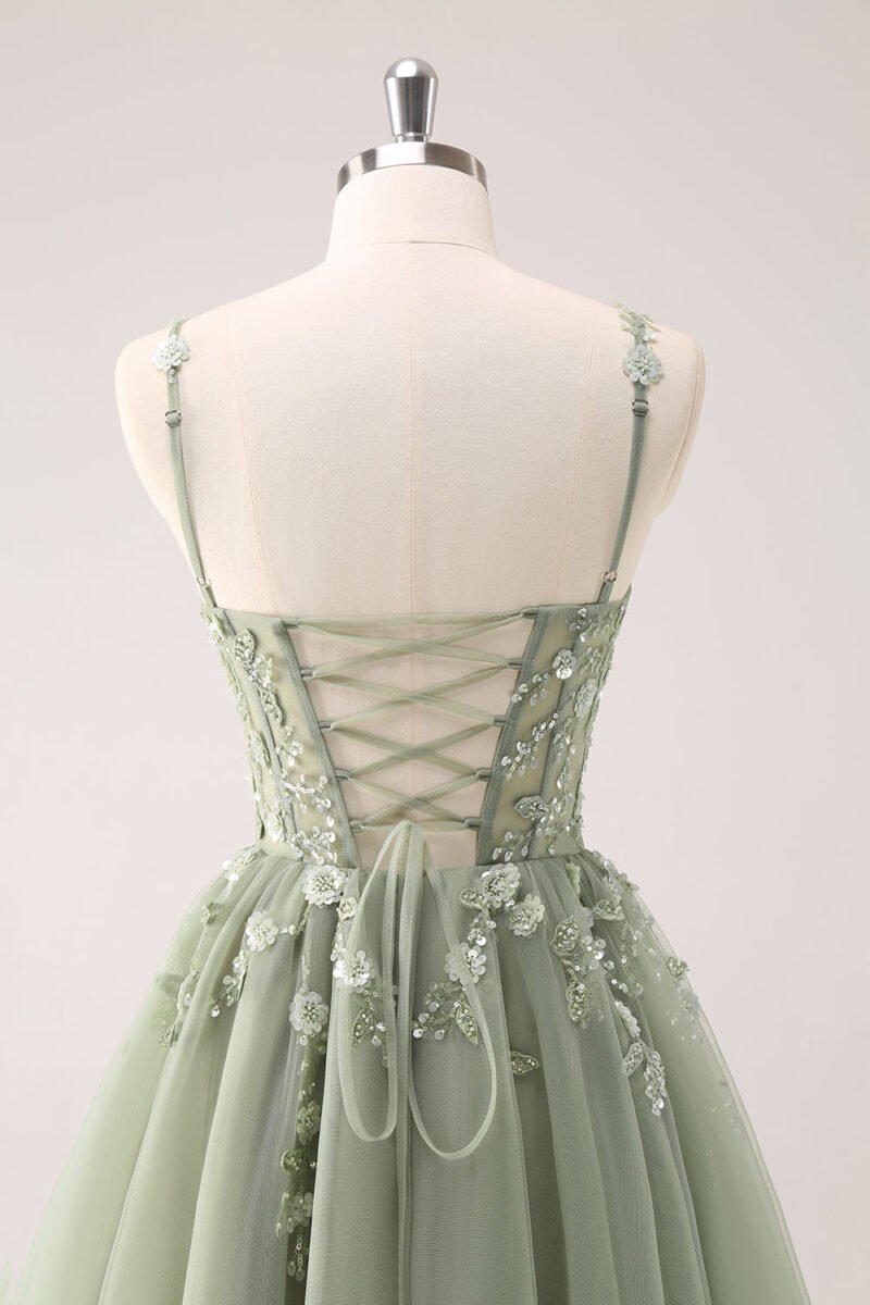 Green Lace Applique Tulle Short Prom Dress – Sparkly Sequin Flower Party Dress