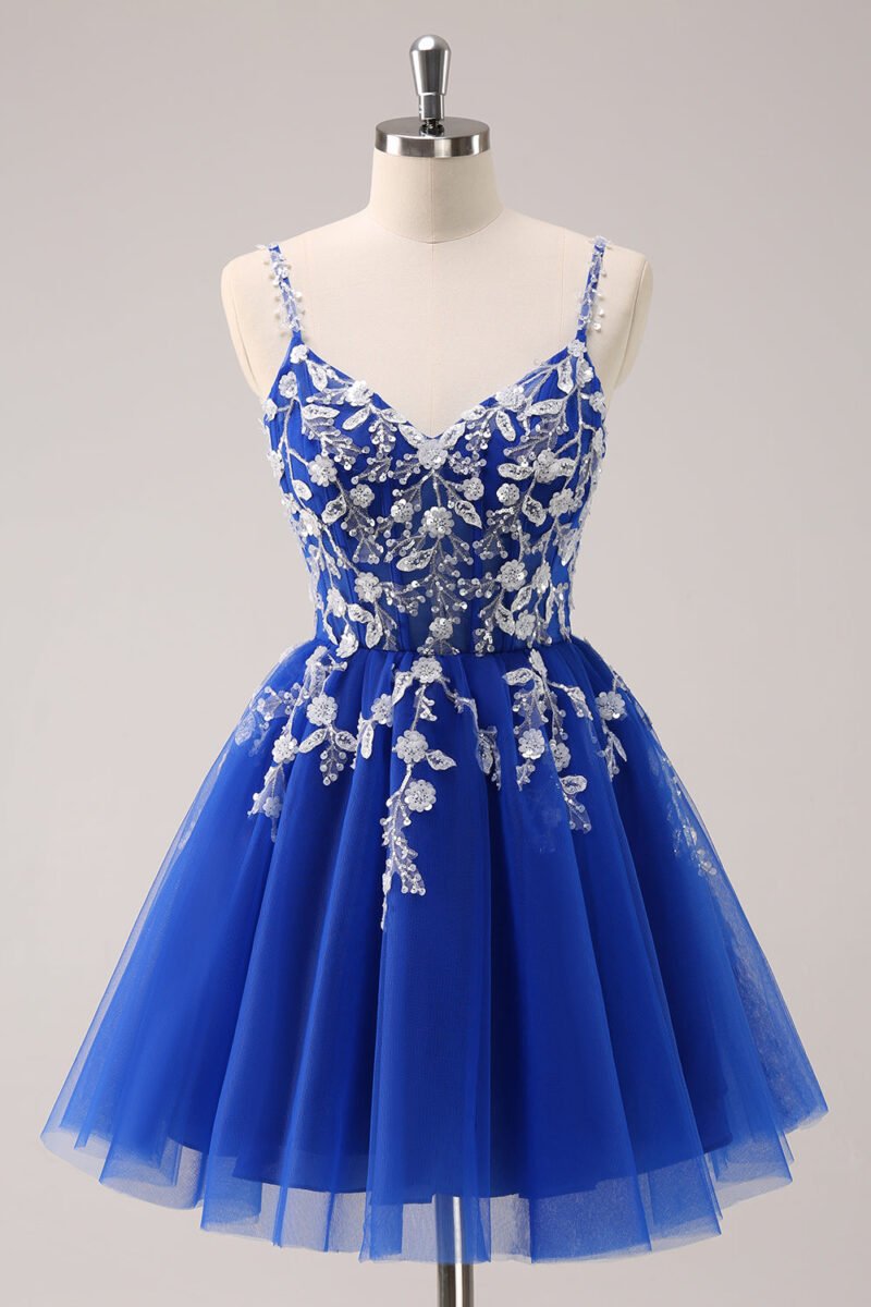 Blue Lace Applique Tulle Short Prom Dress – Sparkly Sequin Flower Party Dress