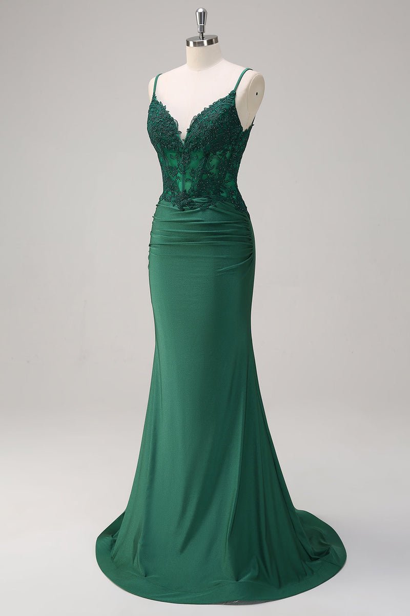 Emerald Green Satin Mermaid Prom Dress with Beading