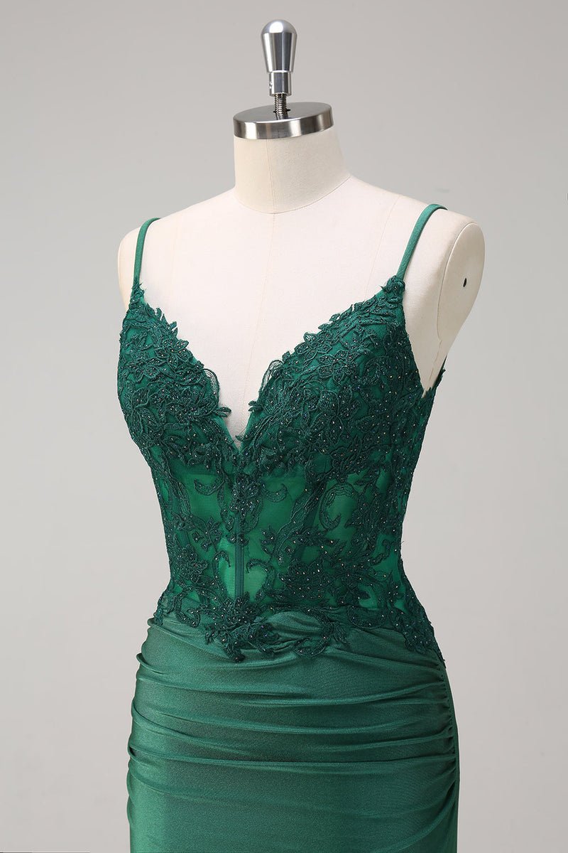 Emerald Green Satin Mermaid Prom Dress with Beading