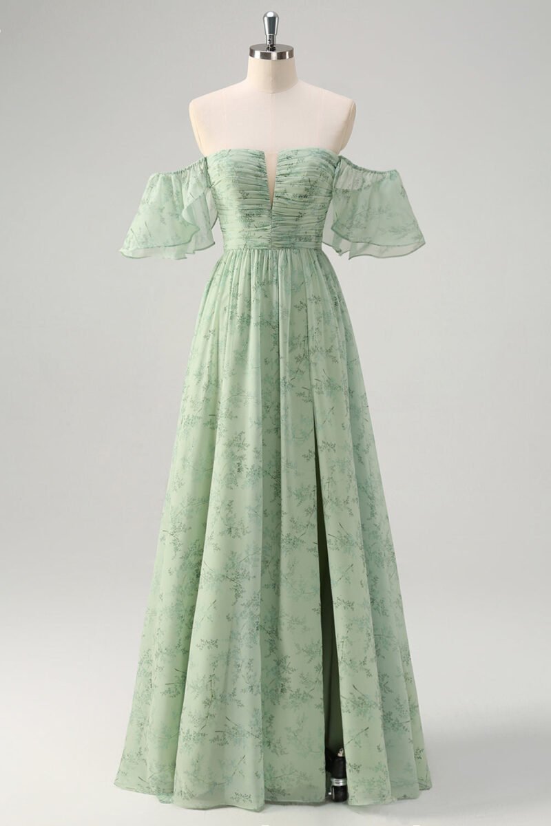 Green Off-Shoulder A-Line Prom Dress – Elegant Evening Gown