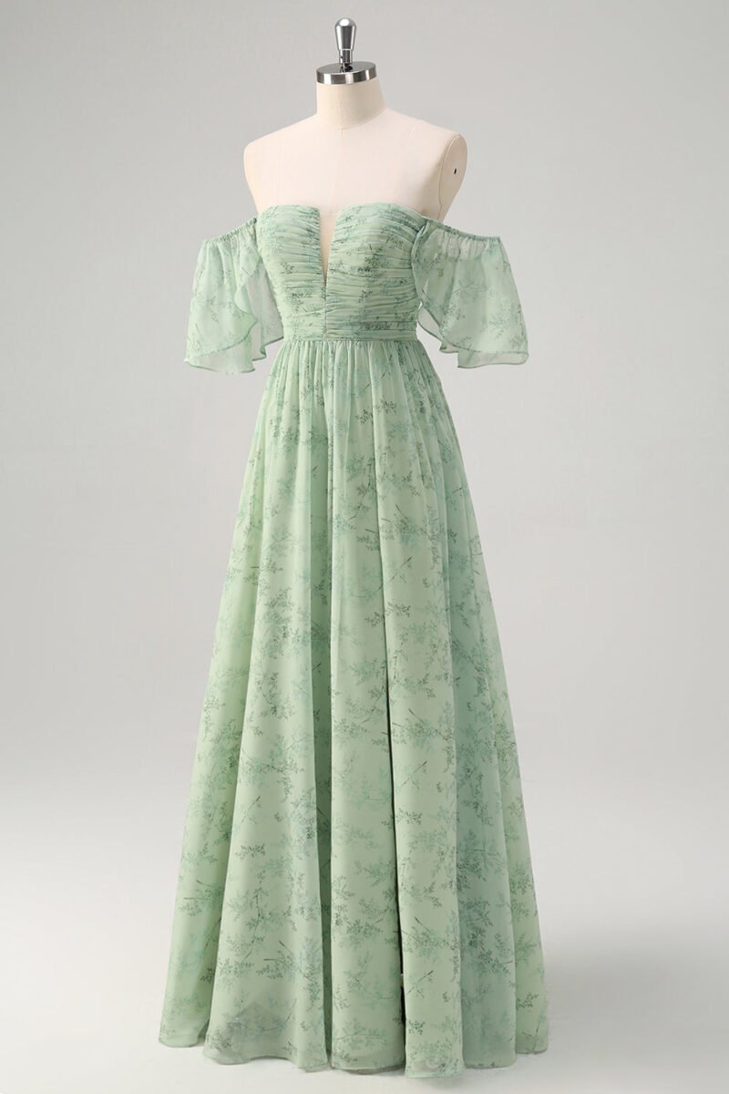 Green Off-Shoulder A-Line Prom Dress – Elegant Evening Gown