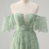 Green Off-Shoulder A-Line Prom Dress – Elegant Evening Gown