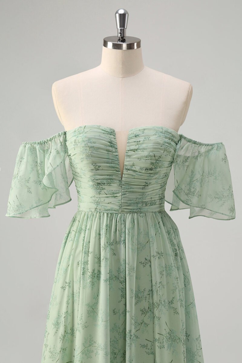 Green Off-Shoulder A-Line Prom Dress – Elegant Evening Gown