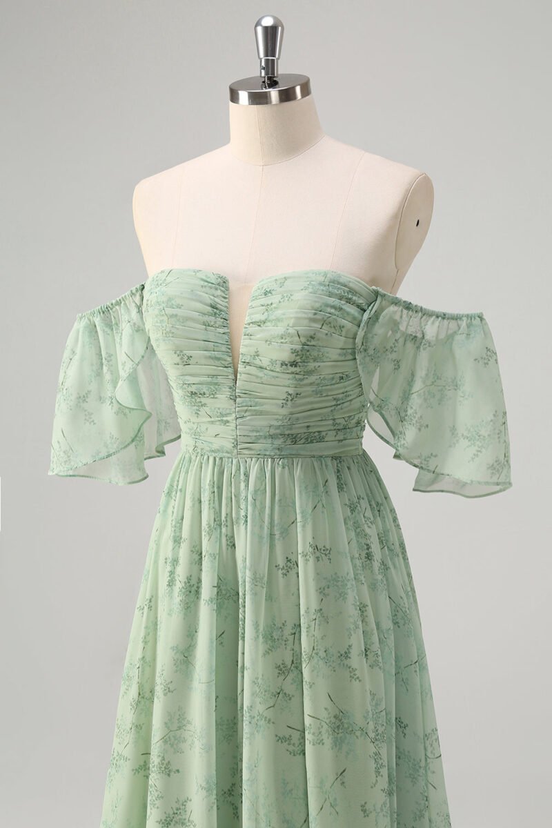 Green Off-Shoulder A-Line Prom Dress – Elegant Evening Gown