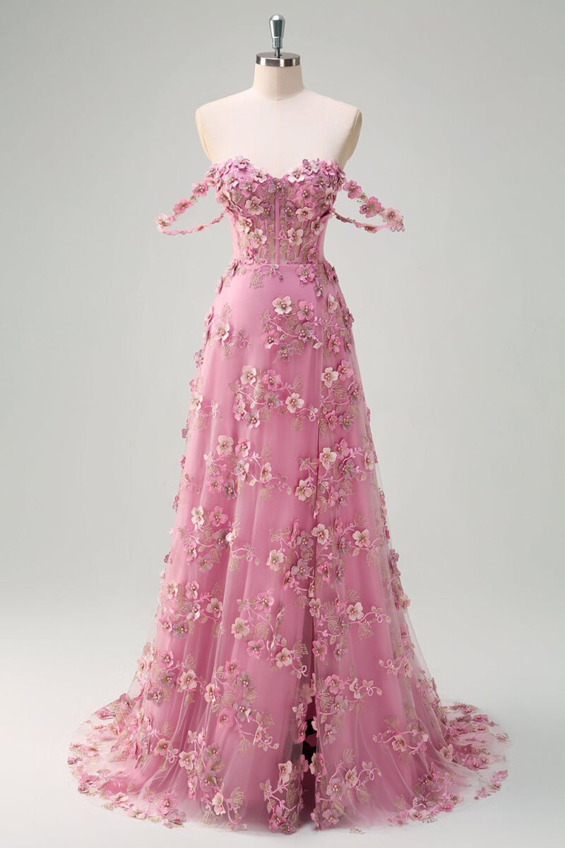Pink Flower Off-Shoulder A-Line Prom Dress – Elegant Floral Evening Gown