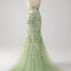 Green Sequin Corset Appliqued Long Prom Dress with Slit