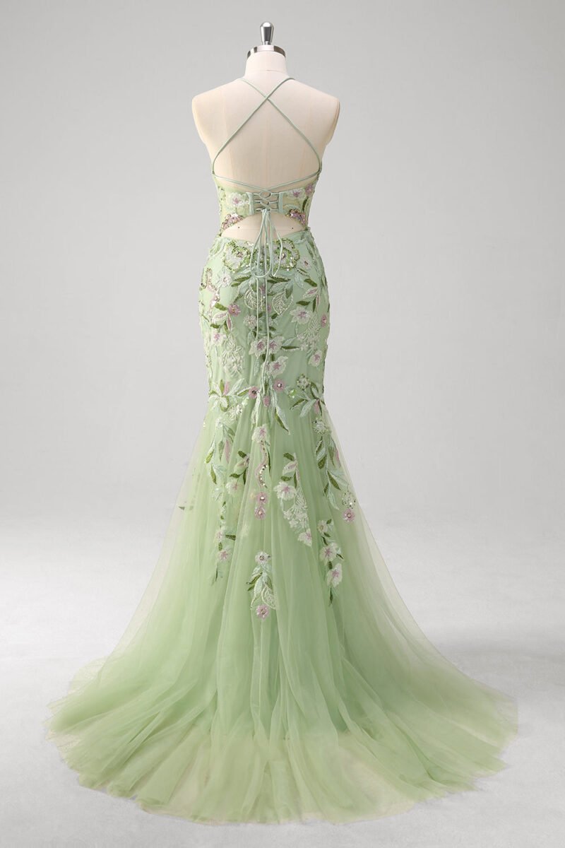 Green Sequin Corset Appliqued Long Prom Dress with Slit