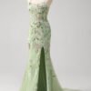 Green Sequin Corset Appliqued Long Prom Dress with Slit