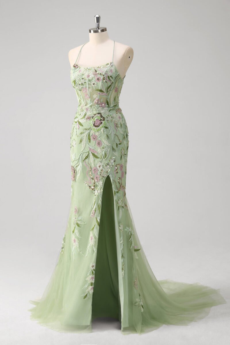 Green Sequin Corset Appliqued Long Prom Dress with Slit